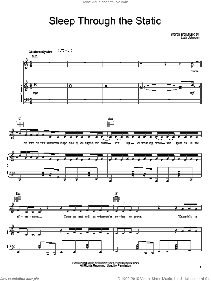 Sleep Through The Static sheet music for voice, piano or guitar by Jack Johnson, intermediate skill level