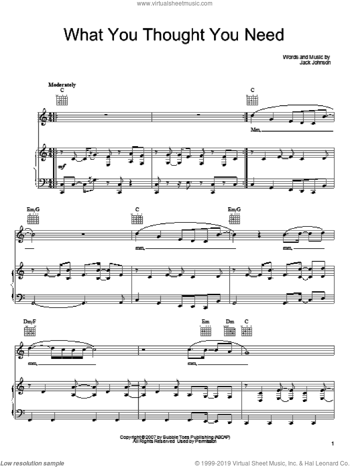 What You Thought You Need sheet music for voice, piano or guitar by Jack Johnson, intermediate skill level