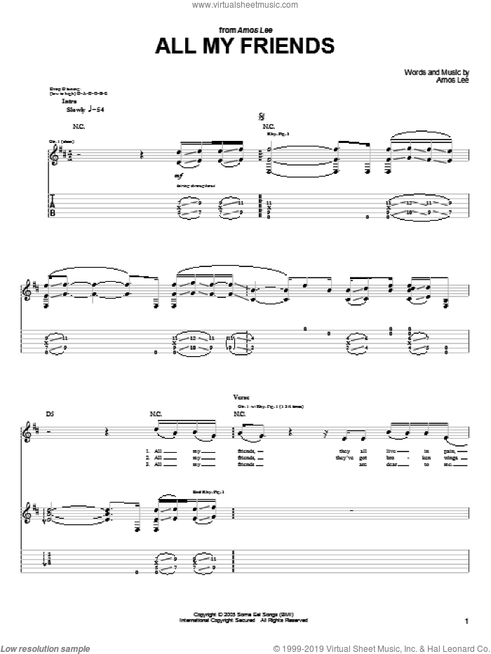 All My Friends sheet music for guitar (tablature) by Amos Lee, intermediate skill level