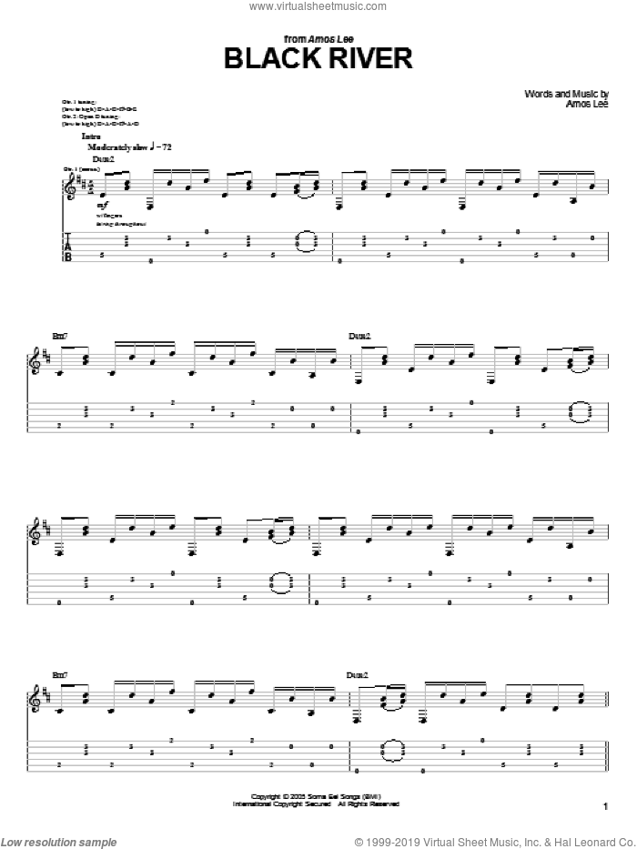 Black River sheet music for guitar (tablature) by Amos Lee, intermediate skill level