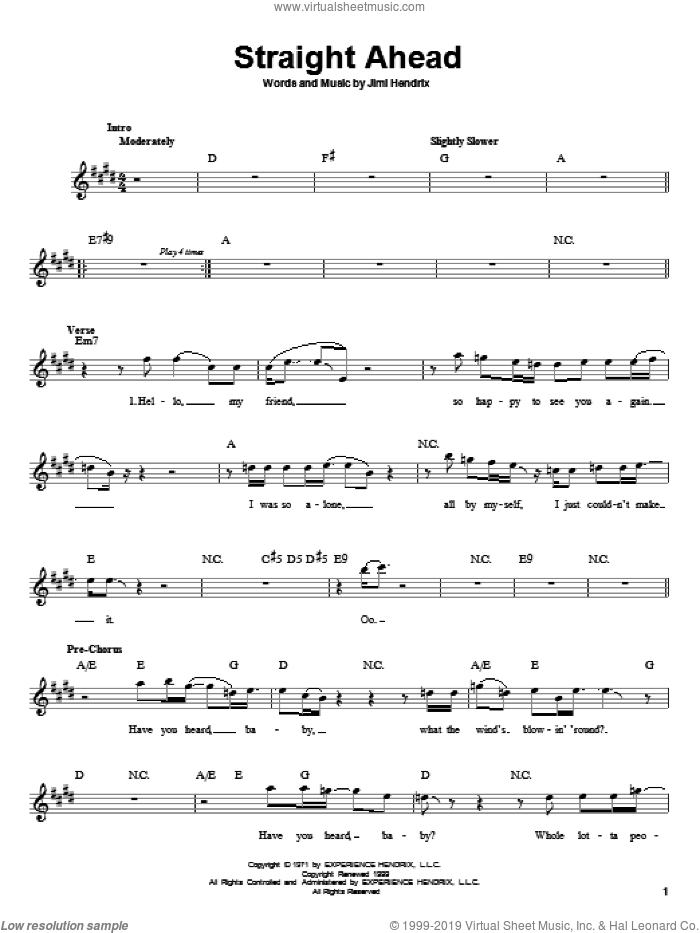 Straight Ahead sheet music for guitar solo (chords) by Jimi Hendrix, easy guitar (chords)