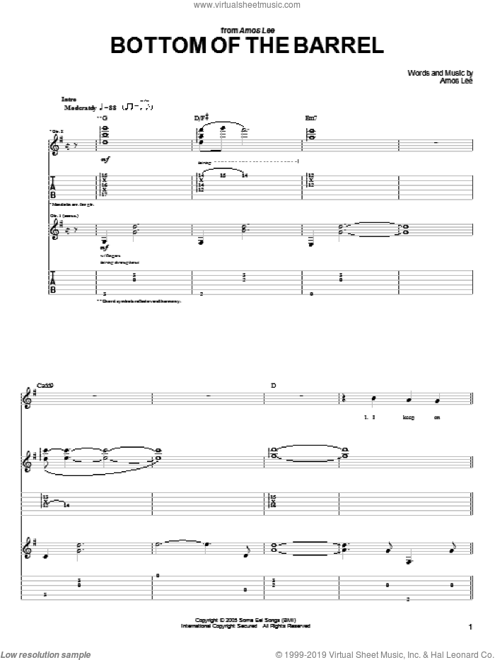 Bottom Of The Barrel sheet music for guitar (tablature) by Amos Lee, intermediate skill level