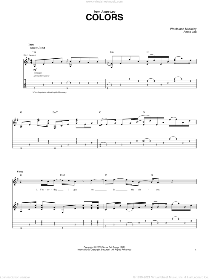 Colors sheet music for guitar (tablature) by Amos Lee, intermediate skill level