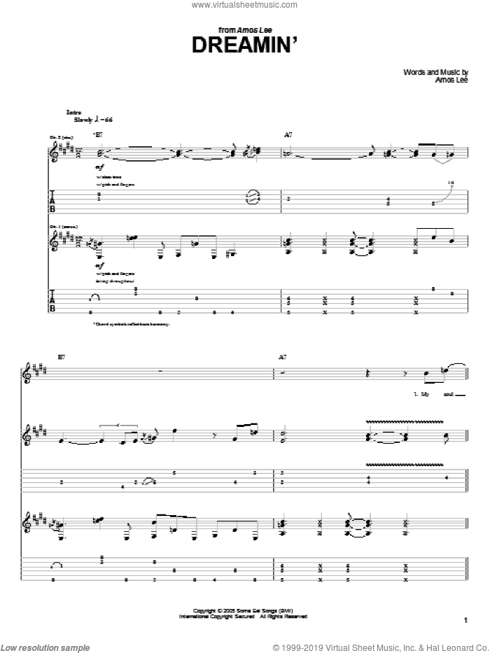 Dreamin' sheet music for guitar (tablature) by Amos Lee, intermediate skill level