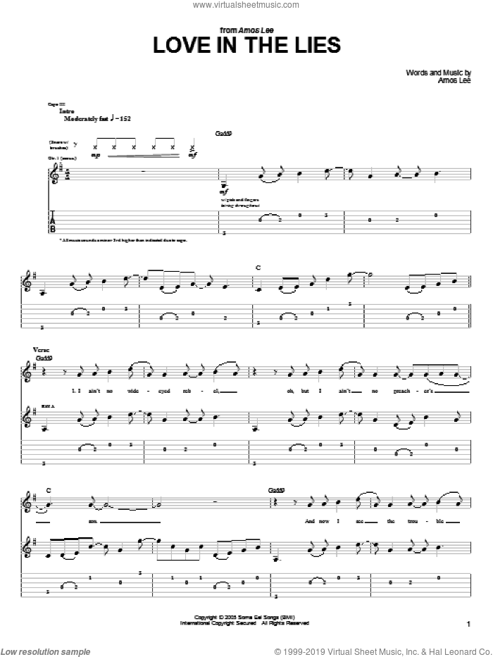 Love In The Lies sheet music for guitar (tablature) by Amos Lee, intermediate skill level