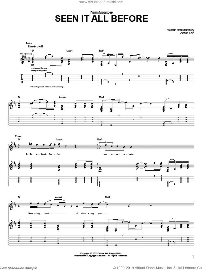Seen It All Before sheet music for guitar (tablature) by Amos Lee, intermediate skill level