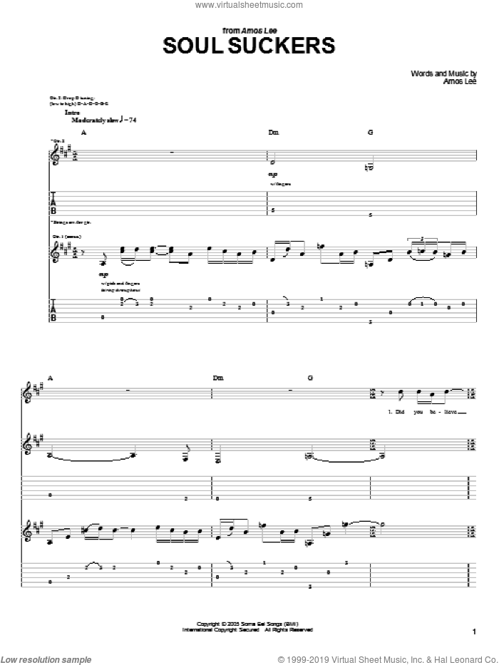 Soul Suckers sheet music for guitar (tablature) by Amos Lee, intermediate skill level