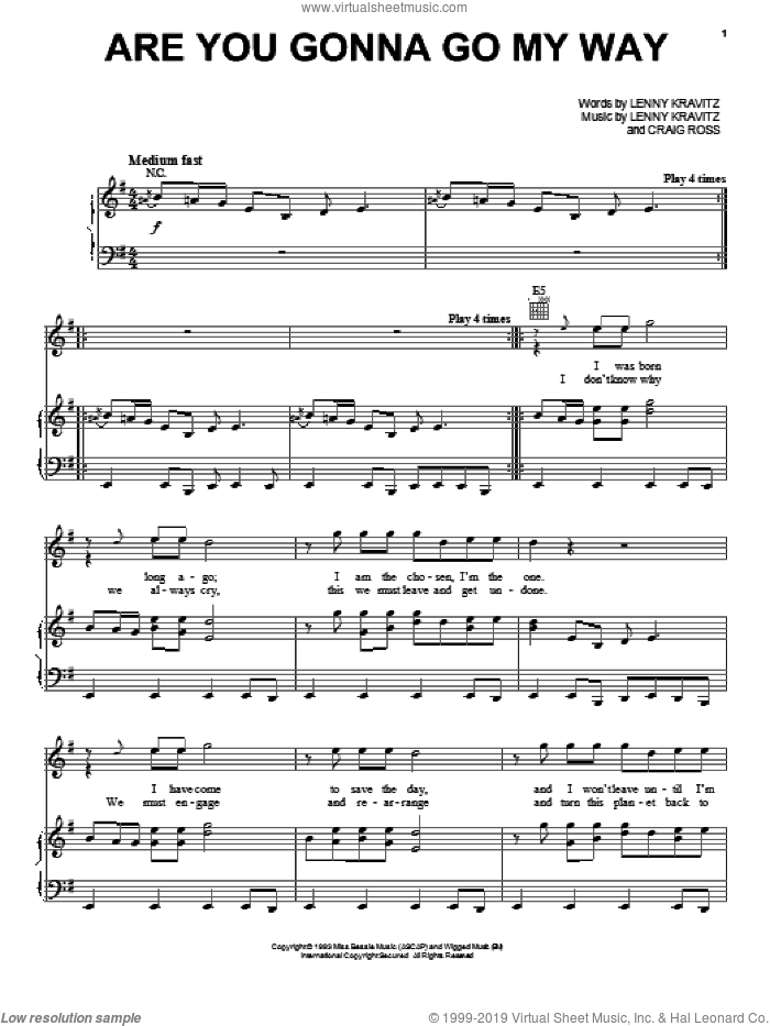 Are You Gonna Go My Way sheet music for voice, piano or guitar by Lenny Kravitz and Craig Ross, intermediate skill level