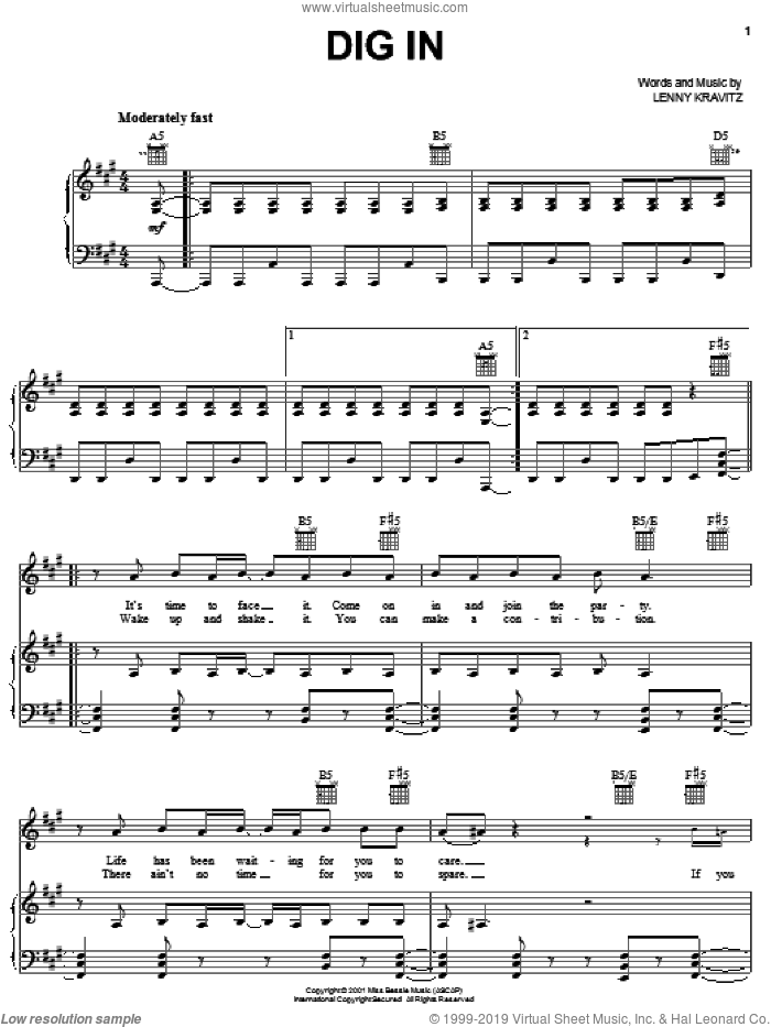 Dig In sheet music for voice, piano or guitar by Lenny Kravitz, intermediate skill level