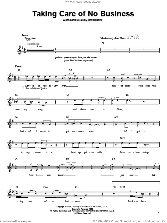 Taking Care Of No Business sheet music for guitar solo (chords) by Jimi Hendrix, easy guitar (chords)