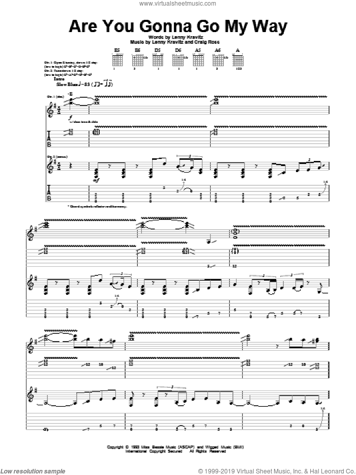 Are You Gonna Go My Way sheet music for guitar (tablature) by Lenny Kravitz and Craig Ross, intermediate skill level