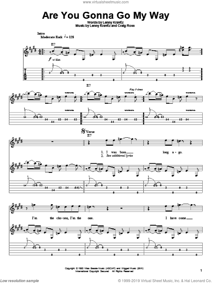 Are You Gonna Go My Way sheet music for guitar (tablature, play-along) by Lenny Kravitz and Craig Ross, intermediate skill level