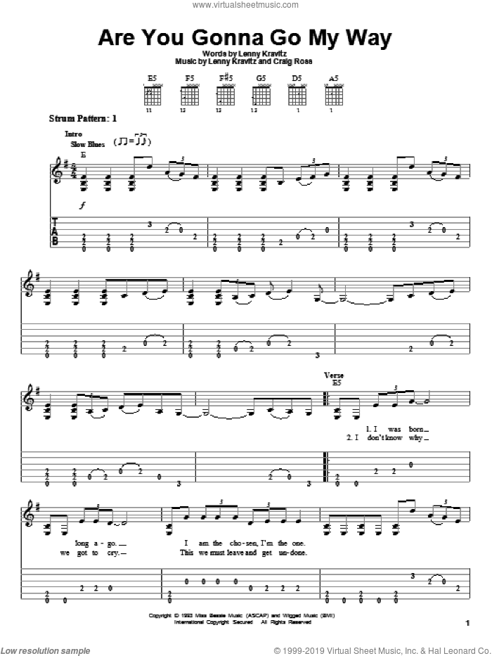 Are You Gonna Go My Way sheet music for guitar solo (easy tablature) by Lenny Kravitz and Craig Ross, easy guitar (easy tablature)
