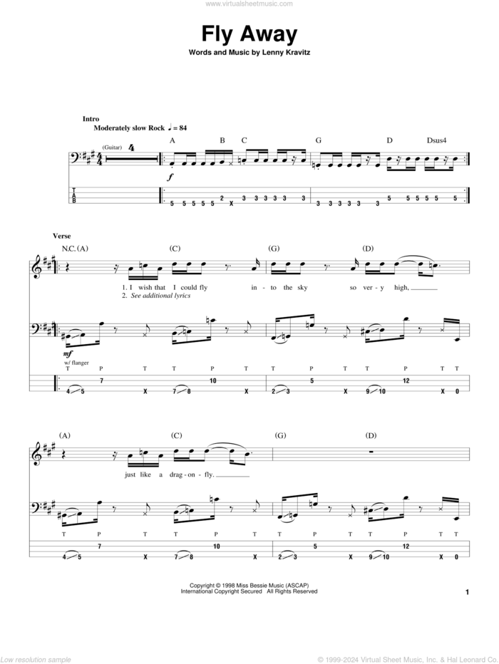 Fly Away sheet music for bass (tablature) (bass guitar) by Lenny Kravitz, intermediate skill level