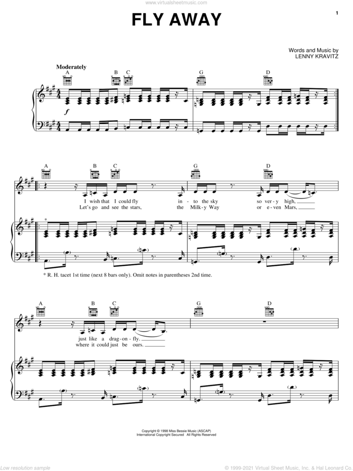 Fly Away sheet music for voice, piano or guitar by Lenny Kravitz, intermediate skill level