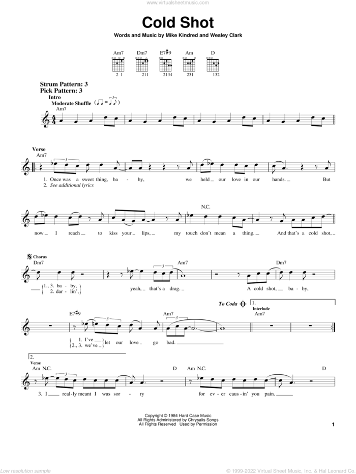 Cold Shot sheet music for guitar solo (chords) by Stevie Ray Vaughan, Mike Kindred and Wesley Clark, easy guitar (chords)