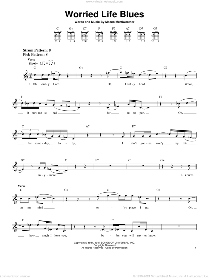 Worried Life Blues sheet music for guitar solo (chords) by Eric Clapton and Maceo Merriweather, easy guitar (chords)