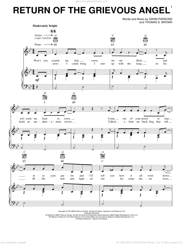 Return Of The Grievous Angel sheet music for voice, piano or guitar by Gram Parsons and Thomas S. Brown, intermediate skill level