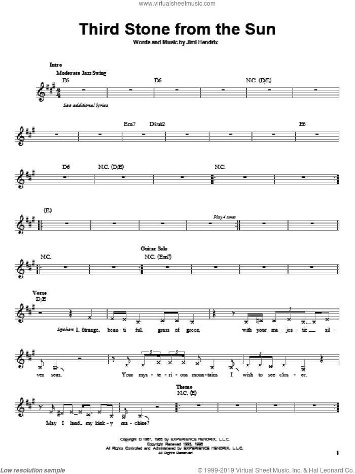 Third Stone From The Sun sheet music for guitar solo (chords) by Jimi Hendrix, easy guitar (chords)