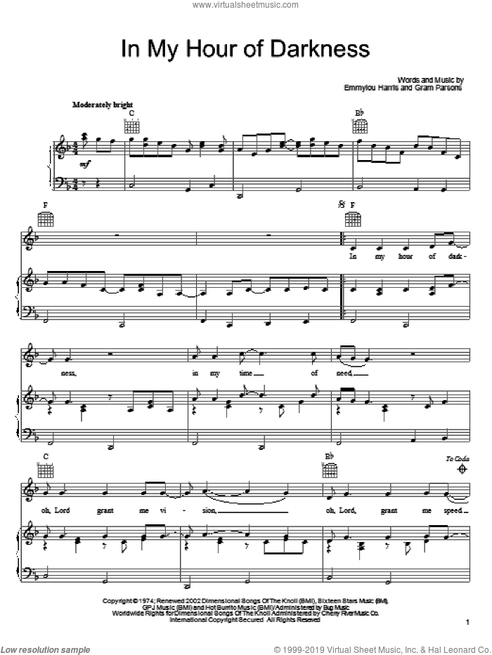 In My Hour Of Darkness sheet music for voice, piano or guitar by Gram Parsons and Emmylou Harris, intermediate skill level