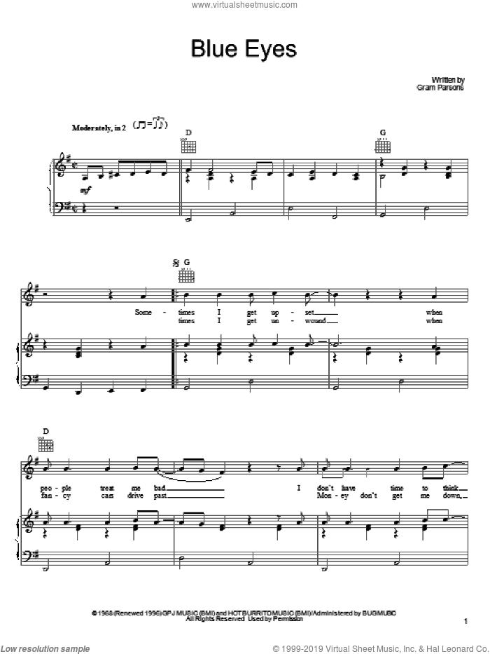 Blue Eyes sheet music for voice, piano or guitar by Gram Parsons, intermediate skill level