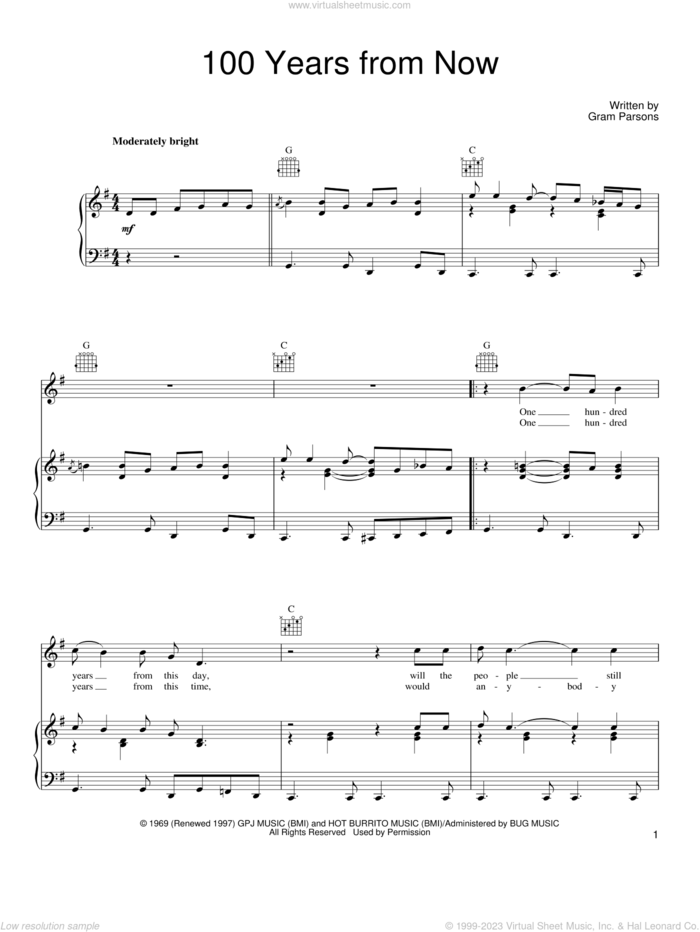 100 Years From Now sheet music for voice, piano or guitar by The Byrds and Gram Parsons, intermediate skill level