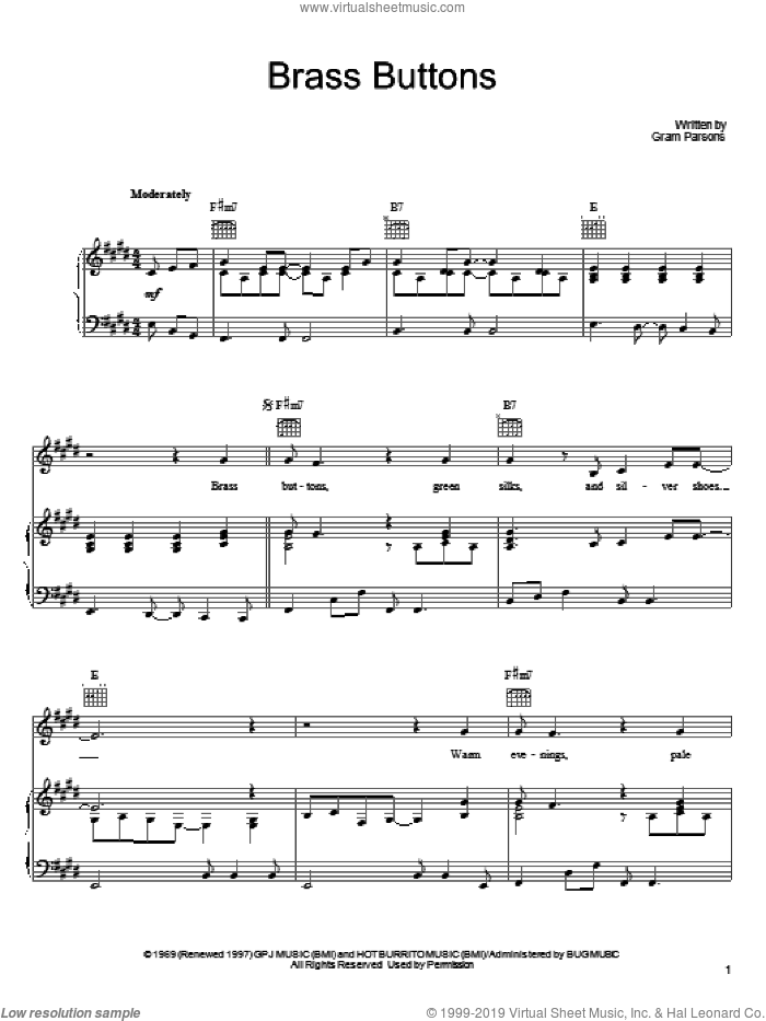 Brass Buttons sheet music for voice, piano or guitar by Gram Parsons, intermediate skill level