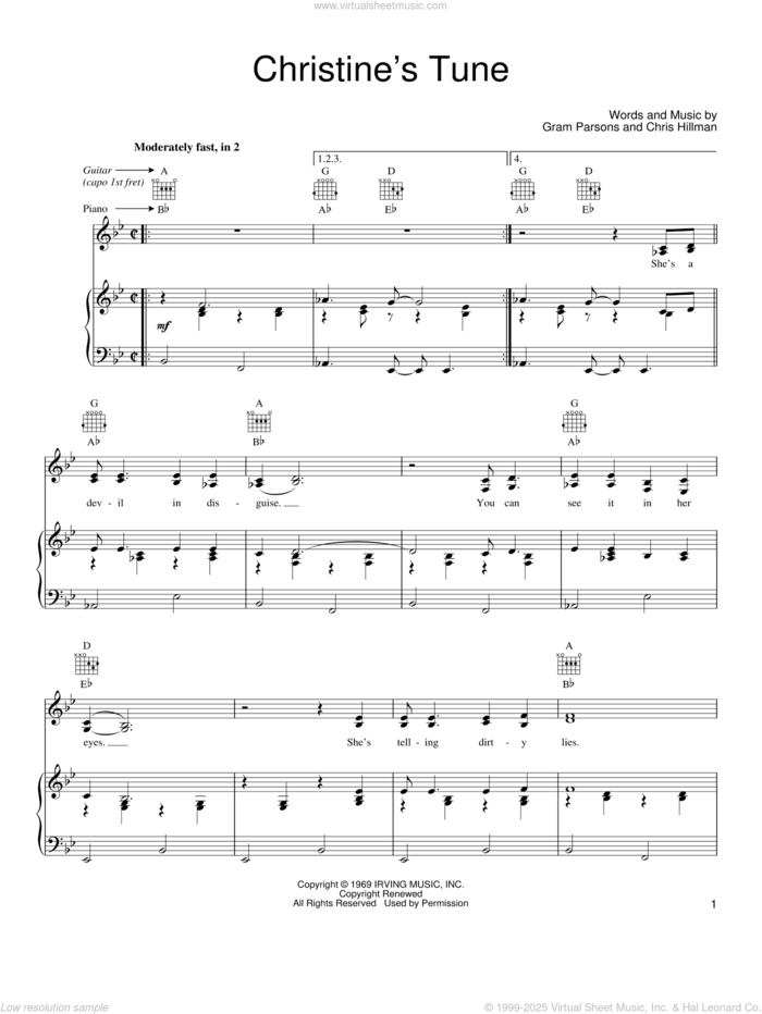 Christine's Tune sheet music for voice, piano or guitar by Gram Parsons and Chris Hillman, intermediate skill level