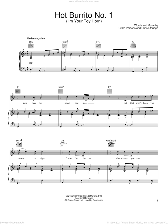 Hot Burrito No. 1 (I'm Your Toy Horn) sheet music for voice, piano or guitar by Gram Parsons and Chris Ethridge, intermediate skill level