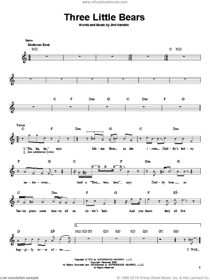 Three Little Bears sheet music for guitar solo (chords) by Jimi Hendrix, easy guitar (chords)