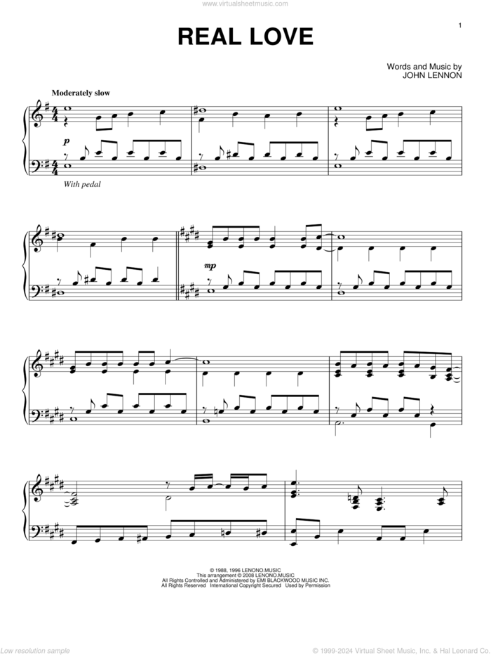 Real Love sheet music for piano solo by John Lennon and The Beatles, intermediate skill level