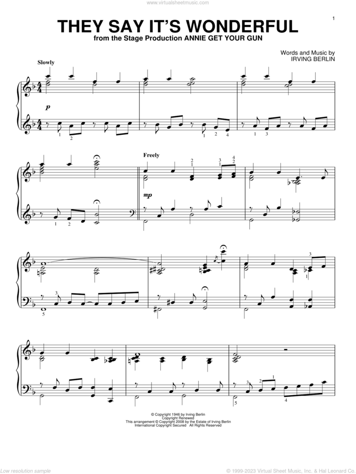 They Say It's Wonderful sheet music for piano solo by Irving Berlin and Annie Get Your Gun (Musical), intermediate skill level