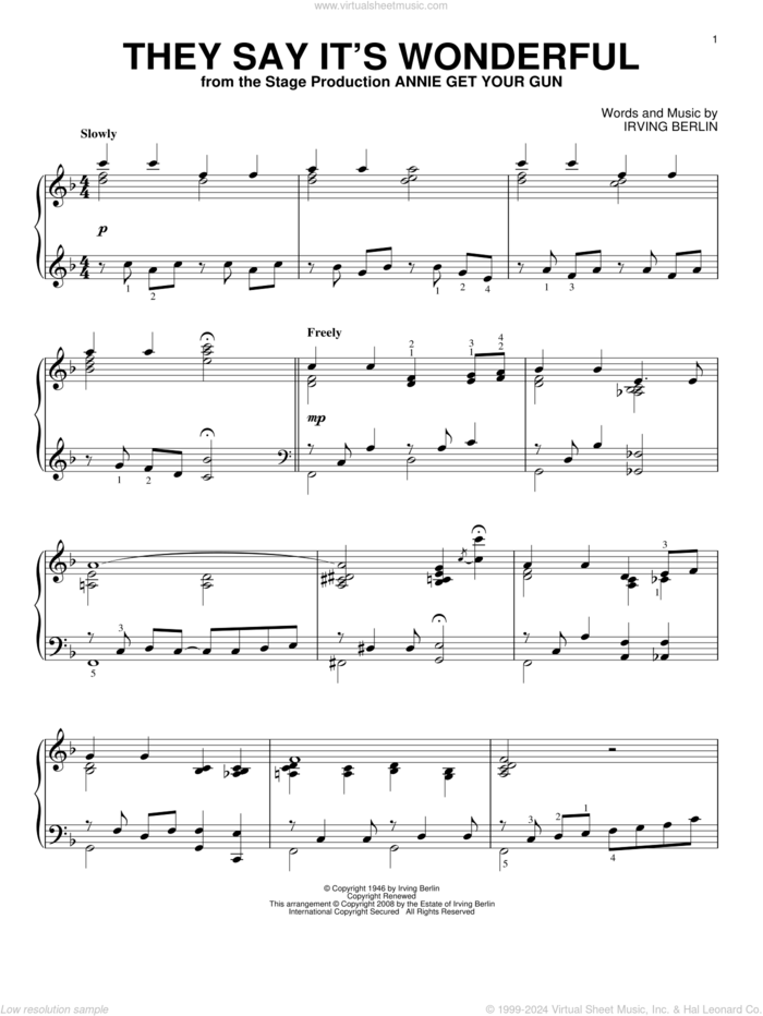 They Say It's Wonderful sheet music for piano solo by Irving Berlin and Annie Get Your Gun (Musical), intermediate skill level