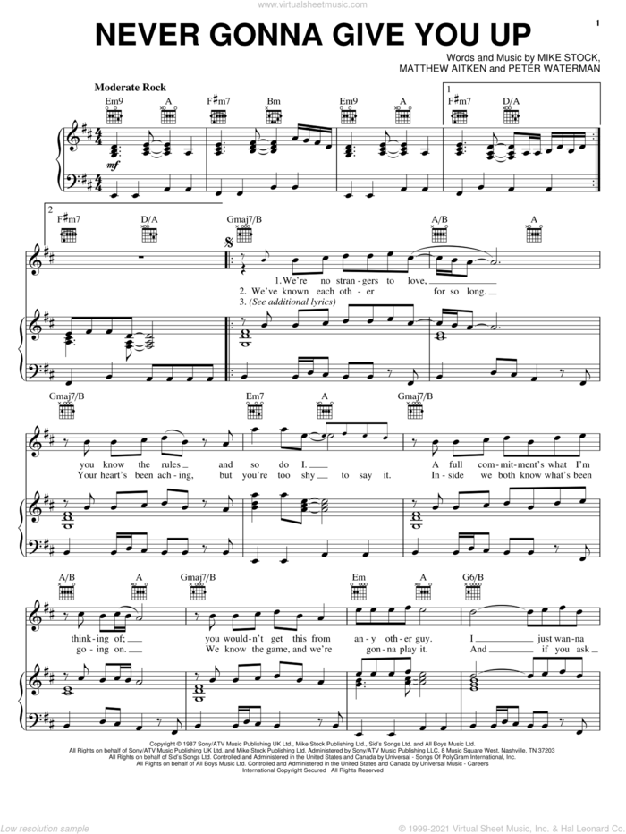 Never Gonna Give You Up sheet music for voice, piano or guitar by Rick Astley, Matthew Aitken, Mike Stock and Pete Waterman, intermediate skill level