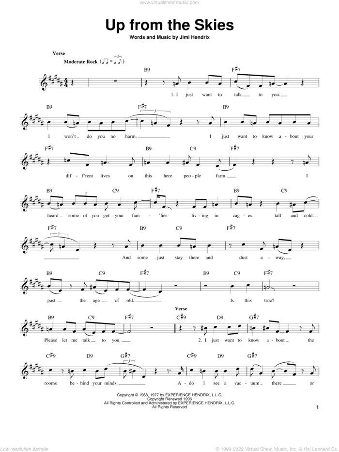 Up From The Skies sheet music for guitar solo (chords) by Jimi Hendrix, easy guitar (chords)