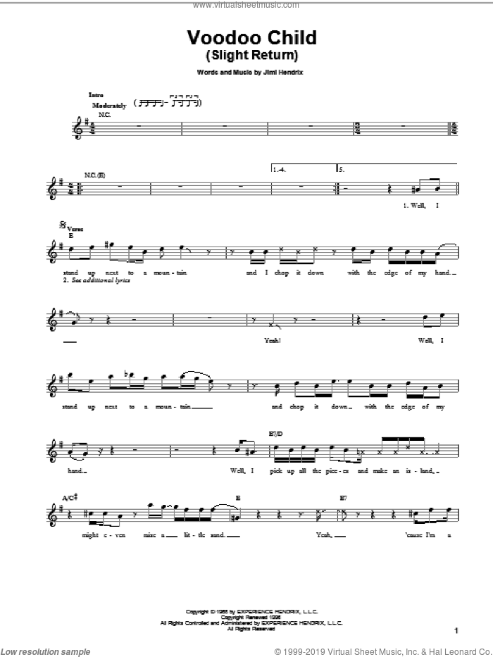 Voodoo Child (Slight Return) sheet music for guitar solo (chords) by Jimi Hendrix, Stevie Ray Vaughan and Yngwie Malmsteen, easy guitar (chords)