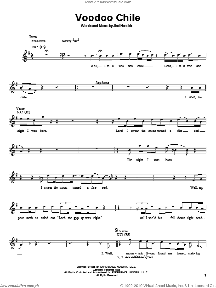 Voodoo Chile sheet music for guitar solo (chords) by Jimi Hendrix and Stevie Ray Vaughan, easy guitar (chords)