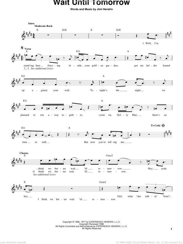 Wait Until Tomorrow sheet music for guitar solo (chords) by Jimi Hendrix, easy guitar (chords)