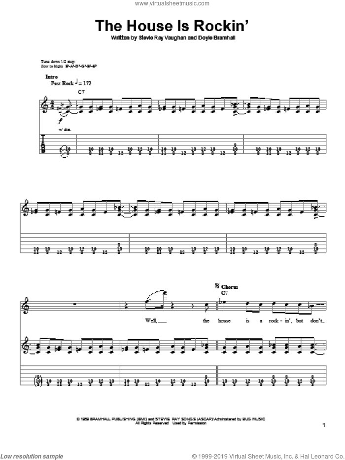 The House Is Rockin' sheet music for guitar (tablature, play-along) by Stevie Ray Vaughan and Doyle Bramhall, intermediate skill level