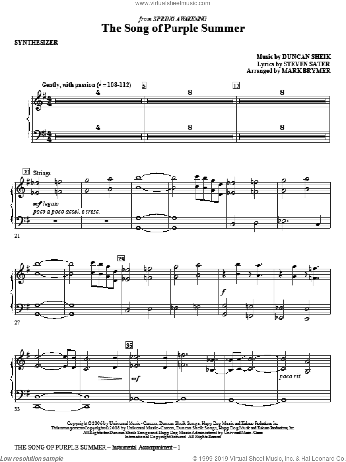 The Song Of Purple Summer (complete set of parts) sheet music for orchestra/band (Rhythm) by Duncan Sheik, Steven Sater and Mark Brymer, intermediate skill level
