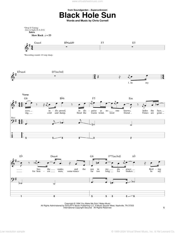 Black Hole Sun sheet music for bass (tablature) (bass guitar) by Soundgarden and Chris Cornell, intermediate skill level