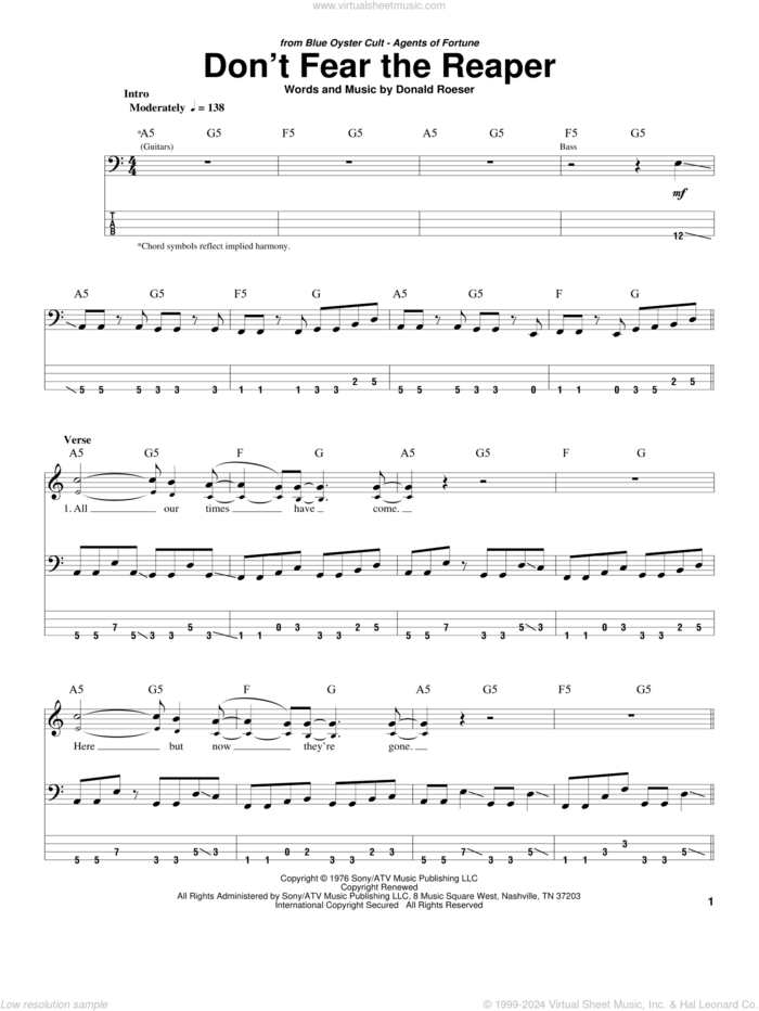 Don't Fear The Reaper sheet music for bass (tablature) (bass guitar) by Blue Oyster Cult and Donald Roeser, intermediate skill level