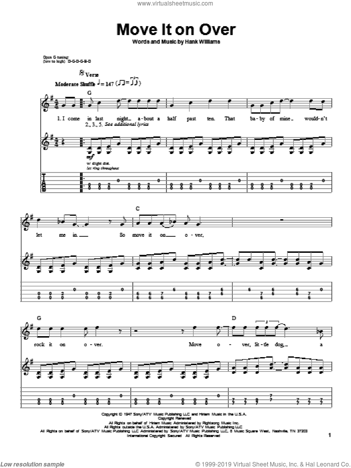Move It On Over sheet music for guitar (tablature, play-along) by George Thorogood and Hank Williams, intermediate skill level