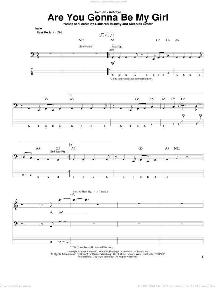 Are You Gonna Be My Girl sheet music for bass (tablature) (bass guitar) by Nic Cester and Cameron Muncey, intermediate skill level