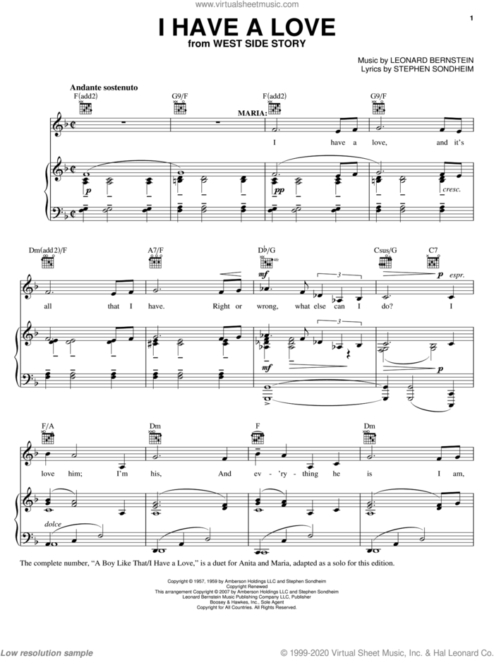 I Have A Love (from West Side Story) sheet music for voice, piano or guitar by Leonard Bernstein, West Side Story (Musical) and Stephen Sondheim, intermediate skill level