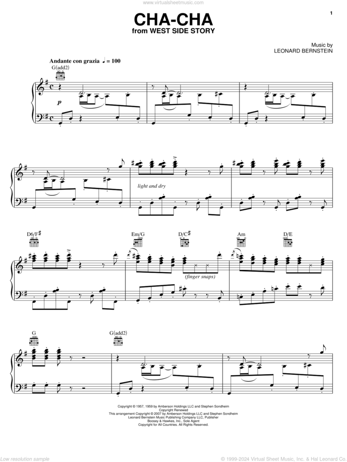 Cha-Cha From The Dance At The Gym (from West Side Story) sheet music for piano solo by Leonard Bernstein, West Side Story (Musical) and Stephen Sondheim, intermediate skill level