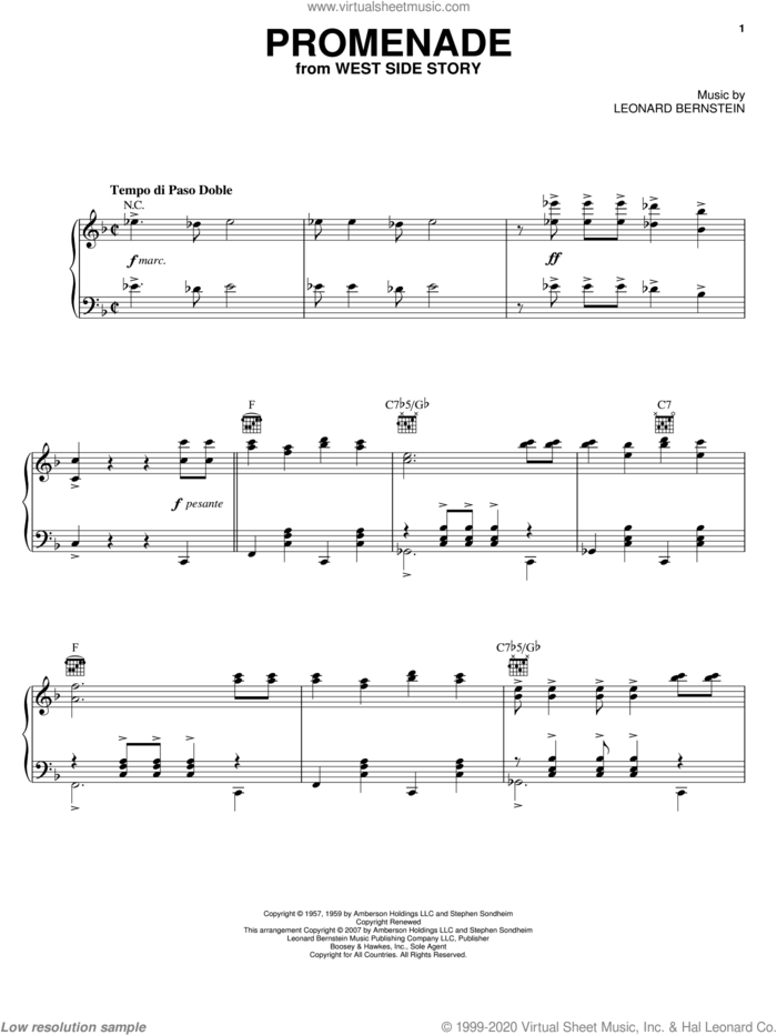 Promenade From The Dance At The Gym (from West Side Story) sheet music for piano solo by Leonard Bernstein, West Side Story (Musical) and Stephen Sondheim, intermediate skill level