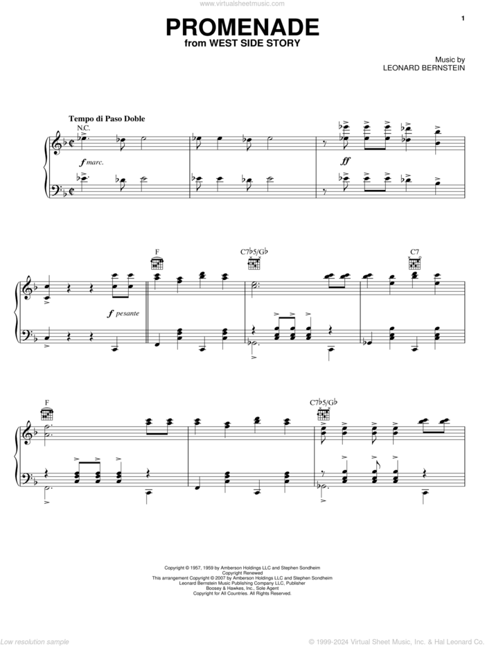 Promenade From The Dance At The Gym (from West Side Story) sheet music for piano solo by Leonard Bernstein, West Side Story (Musical) and Stephen Sondheim, intermediate skill level