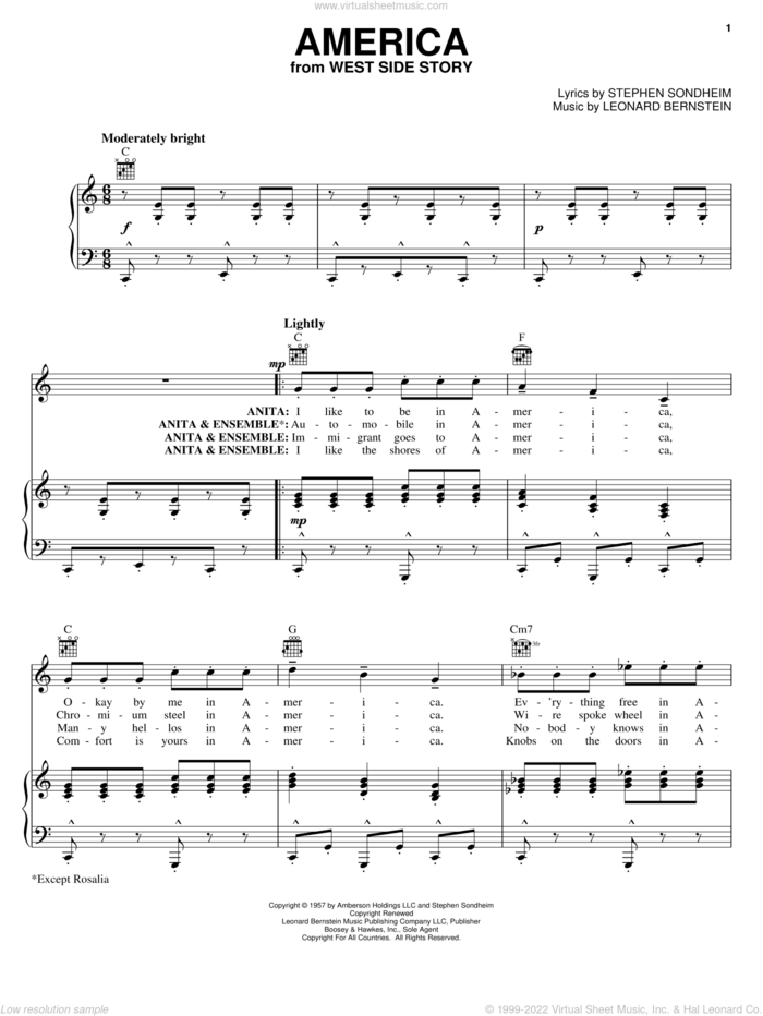 America (from West Side Story) sheet music for voice, piano or guitar by Leonard Bernstein, West Side Story (Musical) and Stephen Sondheim, intermediate skill level