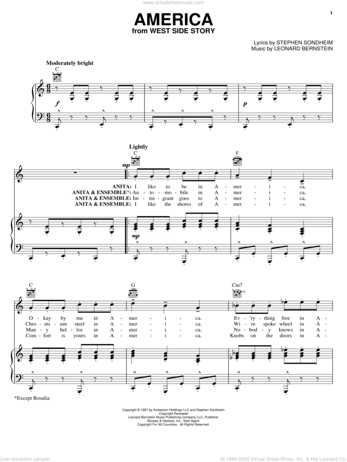 America (from West Side Story) sheet music for voice, piano or guitar by Leonard Bernstein, West Side Story (Musical) and Stephen Sondheim, intermediate skill level